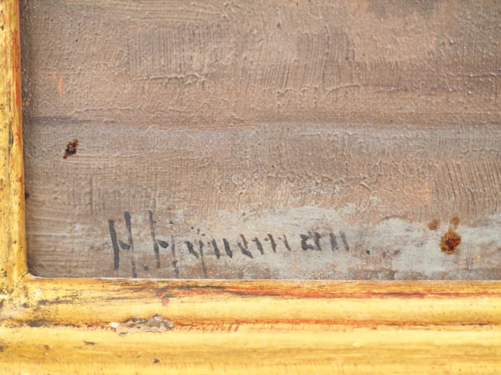 Herman N. HYNEMAN. "Jeune femme à l'ouvrage". Huile sur toile? signée 