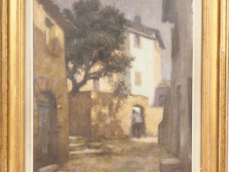 Vente aux enchères René JANSSENS. "Maison de village". Huile sur carton, signée en bas à 
