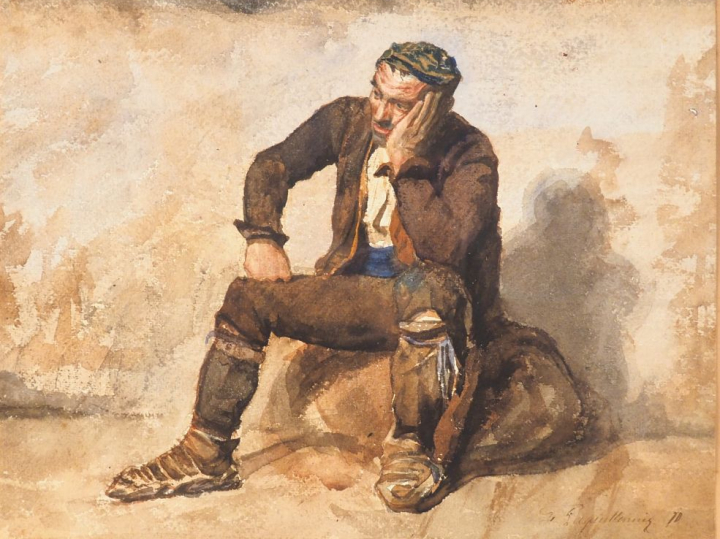 LAGUILLERMIE (?). "Marchand de Noix". Aquarelle signée en bas à droite