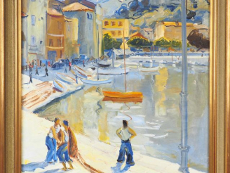 Vente aux enchères Jean Emile LAURENT. "Le port de St Tropez". Huile sur toile, signée en