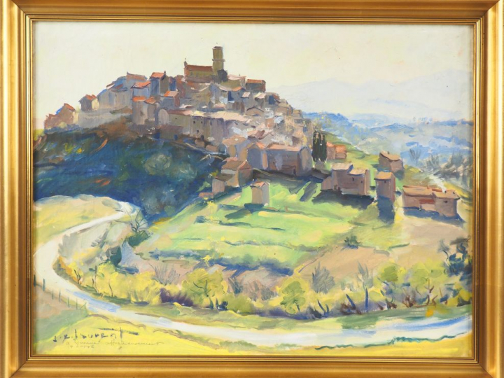 Jean Emile LAURENT. "Vue de village". Huile sur isorel, signée en bas 