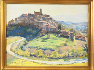 Vente aux enchères Jean Emile LAURENT. "Vue de village". Huile sur isorel, signée en bas 