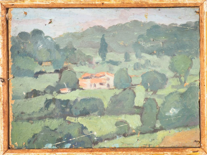 Jean Emile LAURENT. "Autoportrait" et "paysage". Huile sur carton doub