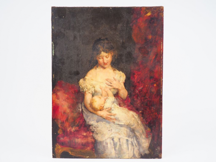 Juan Antonio GONZALES. "Jeune femme et son enfant". Huile sur panneau 