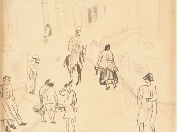 Jules PASCIN. "Ruelle en Afrique du Nord".  Dessin au crayon signé en 