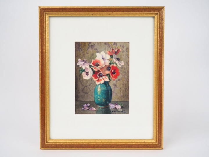 RAYMONT "Bouquet de pivoines". Aquarelle sur papier, signée en bas à d