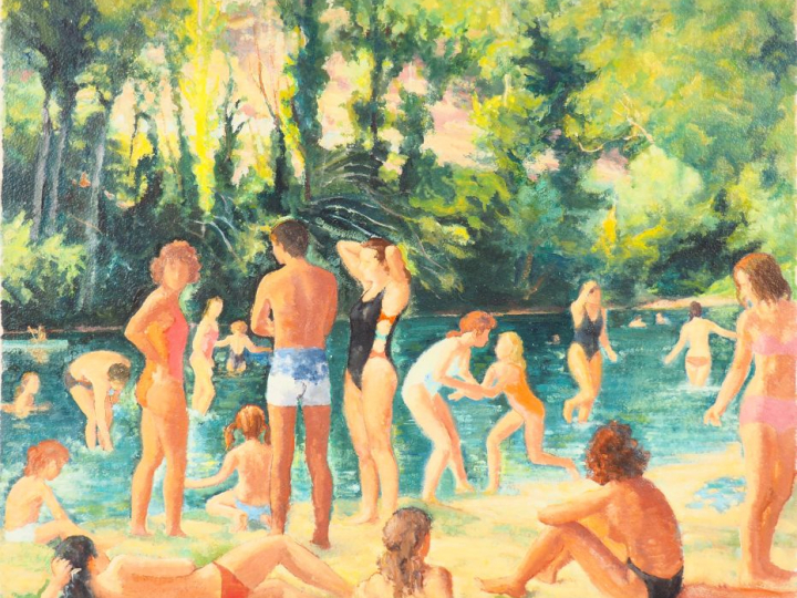André VIGNOLES. "Baignade au bord du lac". Etude, huile sur papier. Di