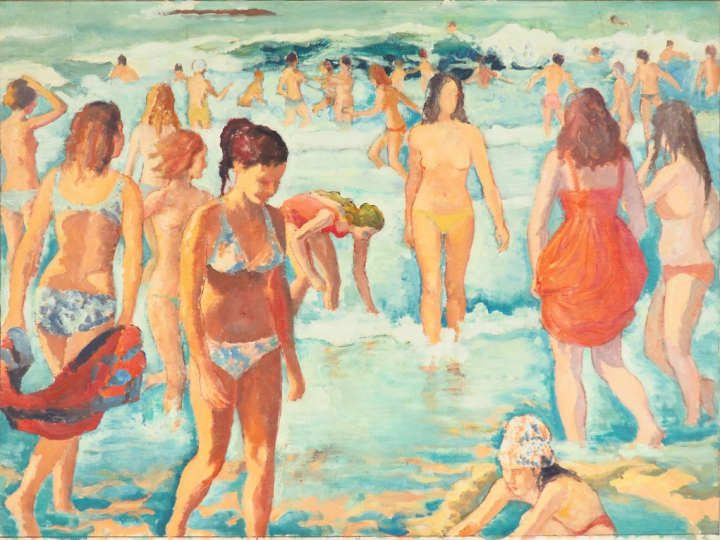 André VIGNOLES. "La baignade à Biarritz". Deux études, huiles sur papi
