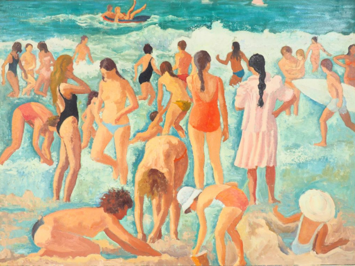 André VIGNOLES. "La baignade à Biarritz". Deux études, huiles sur papi