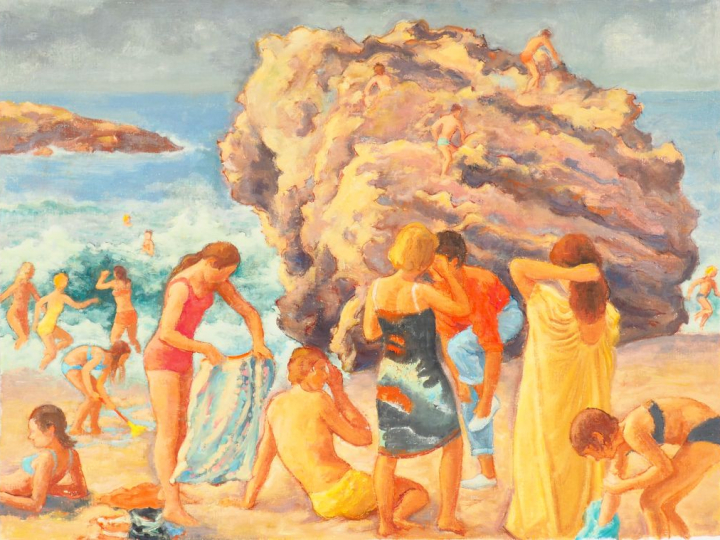André VIGNOLES. "La plage à Biarritz". Deux études, huiles sur toiles.