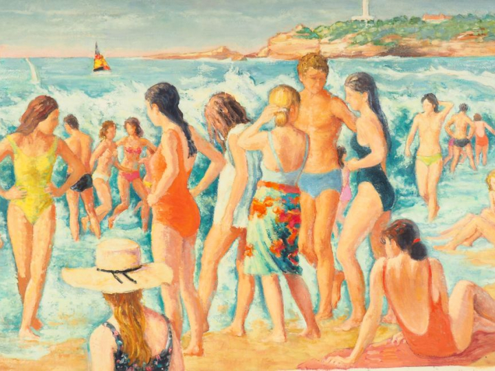 André VIGNOLES. "La plage à Biarritz". Deux études, huiles sur toiles.