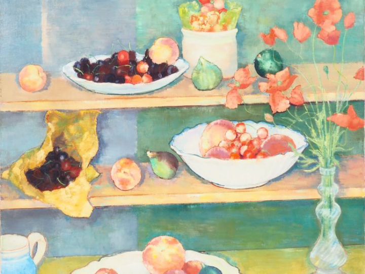 André VIGNOLES. "Fruits sur une étagère". Huile sur toile signée en ba