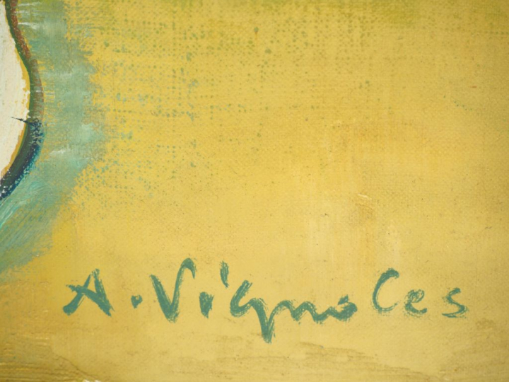 André VIGNOLES. "Fruits sur une étagère". Huile sur toile signée en ba
