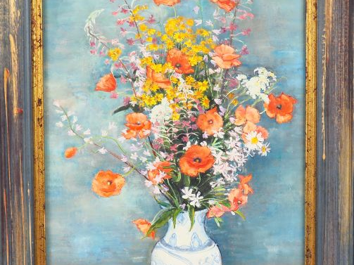 André VIGNOLES. "Bouquet aux tiges d'épilobes". Huile sur toile signée