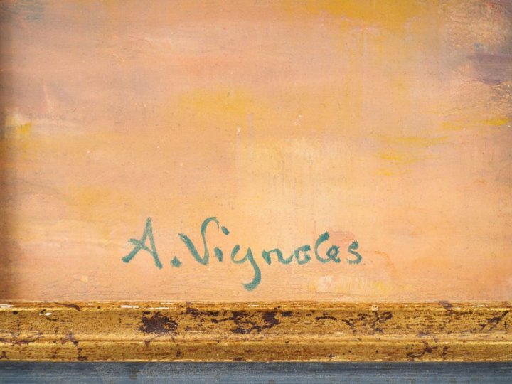 André VIGNOLES. "Bouquet aux tiges d'épilobes". Huile sur toile signée