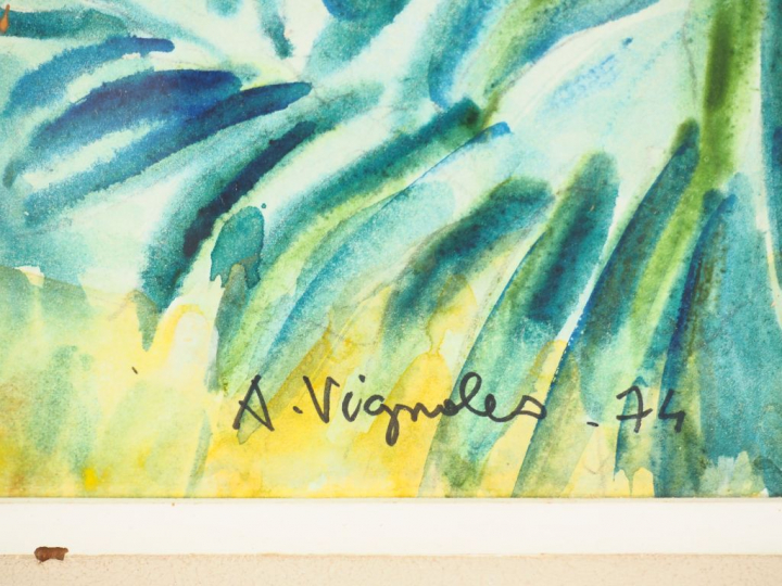 André VIGNOLES. "Paysage exotique". Aquarelle signée en bas à droite e