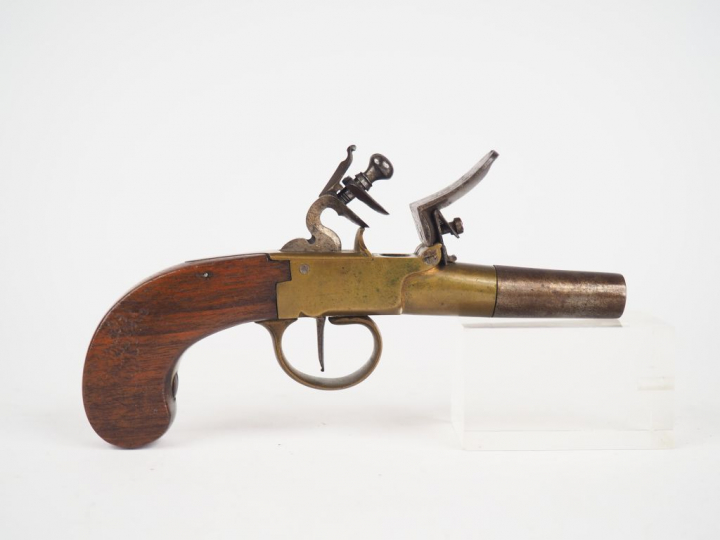 Petit pistolet de gousset à coffre et à silex, arme montée bronze, can