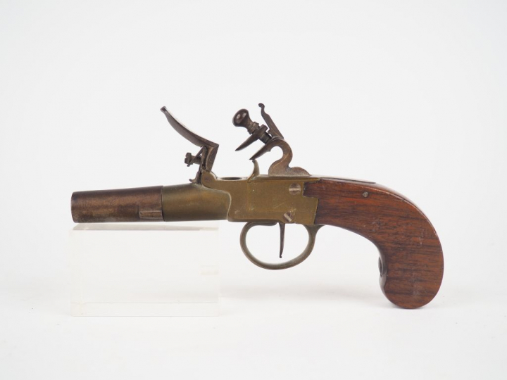 Petit pistolet de gousset à coffre et à silex, arme montée bronze, can