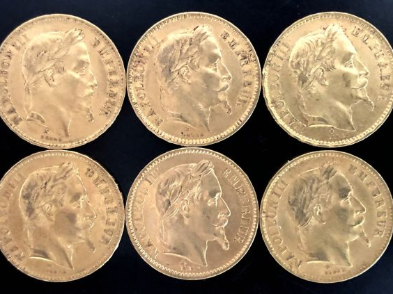Dix pièces de 20 Francs or, 1861-A, 1863-A, 1864-BB, 1866-A, 1866-BB, 
