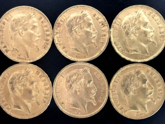 Vente aux enchères Dix pièces de 20 Francs or, 1861-A, 1863-A, 1864-BB, 1866-A, 1866-BB, 