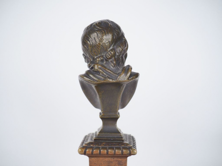 HOUDON (d'après). "Buste de Voltaire". Sujet en bronze à double patine