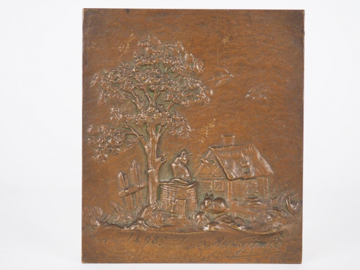Jean ROMAGIEWICZ. "La ferme". Plaque en bronze à patine médaille signé