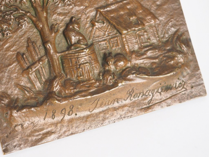 Jean ROMAGIEWICZ. "La ferme". Plaque en bronze à patine médaille signé
