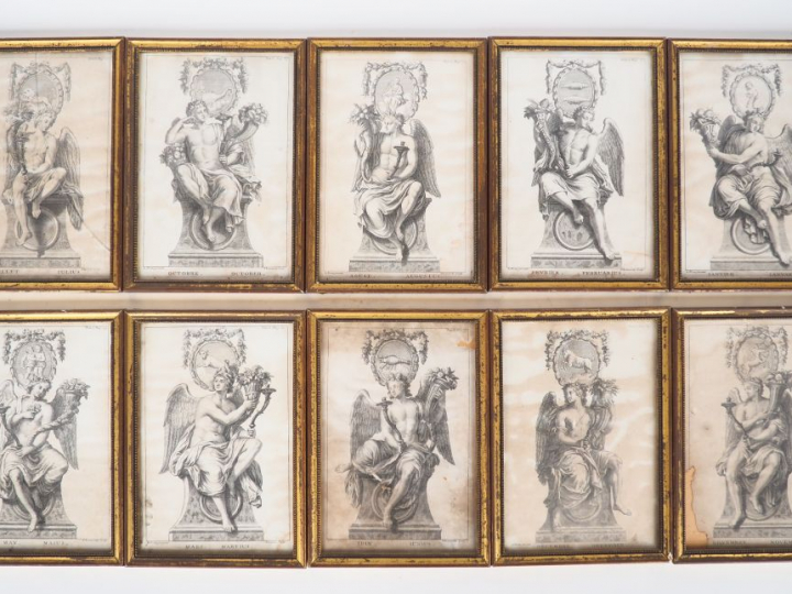 Suite de 10 gravures en noir début XIXème "Allégories des mois".  Dim.