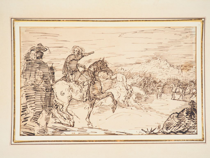 Ecole française XIXème. "Cavaliers chargeant". Dessin monogrammé "IG" 