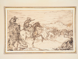 Vente aux enchères Ecole française XIXème. "Cavaliers chargeant". Dessin monogrammé "IG" 
