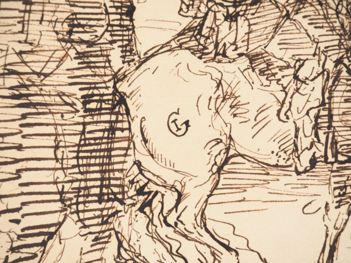 Ecole française XIXème. "Cavaliers chargeant". Dessin monogrammé "IG" 
