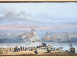 Vente aux enchères Ecole française XIXème "La traversée du fleuve". Aquarelle gouachée si
