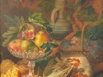 Vente aux enchères BUSSIERE. "Nature morte aux fruits et au gibier". Huile sur toile sign
