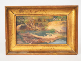 Vente aux enchères A. FAUGERON. "Bord de rivière". Huile sur panneau, signée en bas à gau