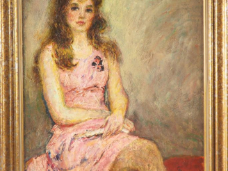 Vente aux enchères Vladimir SKRIABIN. "La jeune fille en robe rose". Huile sur toile mono