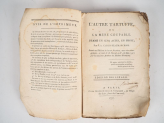 Vente aux enchères BEAUMARCHAIS (Pierre Augustin Caron de). L'autre Tartuffe ou la Mère c
