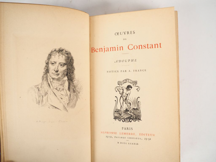 CONSTANT (Benjamin). Adolphe. Notice par A. France. Paris, Lemerre 188