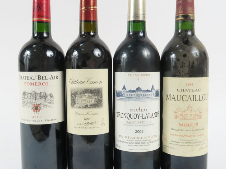 4 BOUTEILLES : 1 CHÂTEAU BEL AIR POMEROL 2011 - 1 CHÂTEAU CANON 2008 -