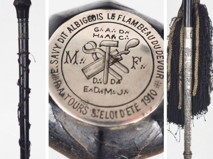 Canne de franc maçon en bois noirci, métal argenté et argent. Pommeau 