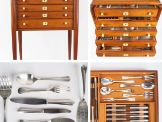 Vente aux enchères CHRISTOFLE. Ménagère en métal argenté Art Déco, dans son meuble en aca