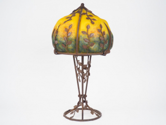Vente aux enchères Lampe de style Art Déco en verre soufflé jaune, orangé et vert, piétem