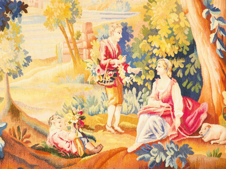 Tapisserie d'Aubusson de style Louis XVI à décor de scène galante dans
