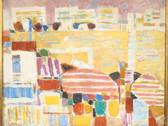 Vente aux enchères BOLIN. "Composition abstraite sur fond jaune". Huile sur toile, signée