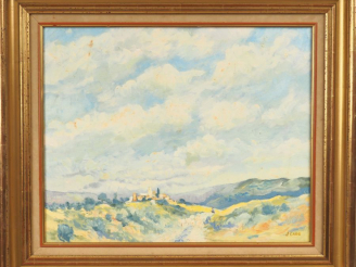 Vente aux enchères J. CARR. "Bergère et son troupeau au milieu des collines". Huile sur t