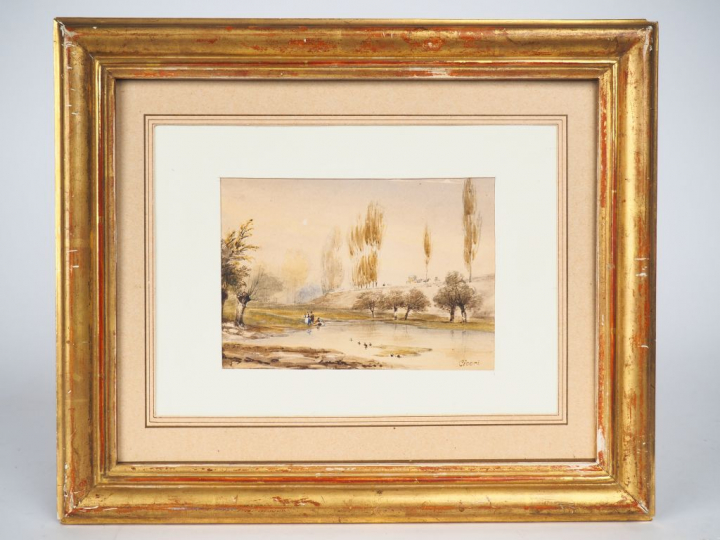 Eugène CICERI. "Ballade autour du lac". Aquarelle signée en bas à droi