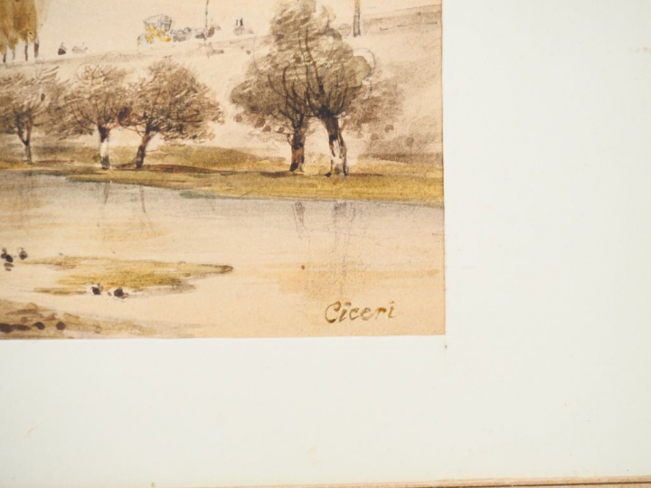 Eugène CICERI. "Ballade autour du lac". Aquarelle signée en bas à droi