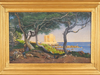 Vente aux enchères Joseph CONTINI. "Fortification près de Cannes". Aquarelle signée en ba