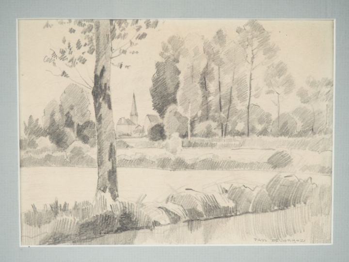 Paul DELORMOZ. "Paysage de l'Indre". Dessin au crayon, signé en bas à 