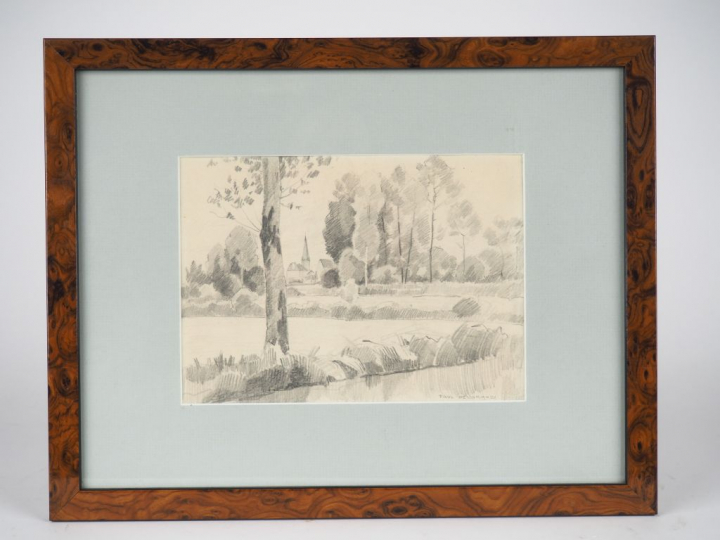 Paul DELORMOZ. "Paysage de l'Indre". Dessin au crayon, signé en bas à 