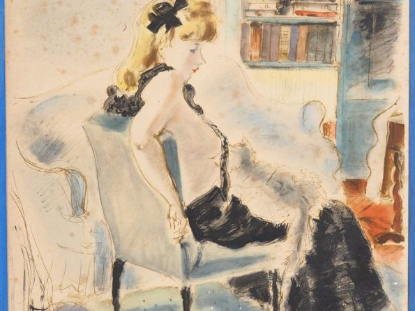 André DIGNIMONT. "Elegante et son chat". Aquarelle, signée en bas à ga